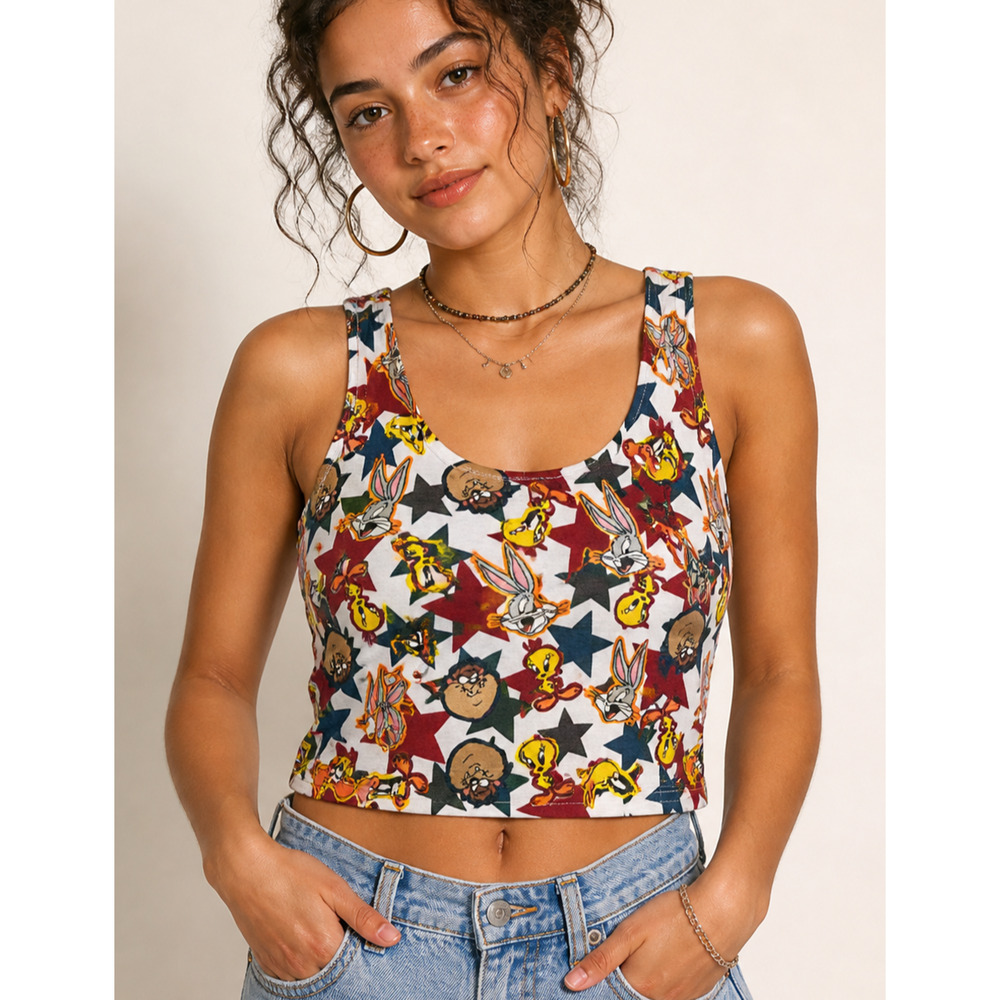 Looney Tunes Vintage 1992 Twee Bugs Bunny Tweety Taz Star Crop Tank Top L